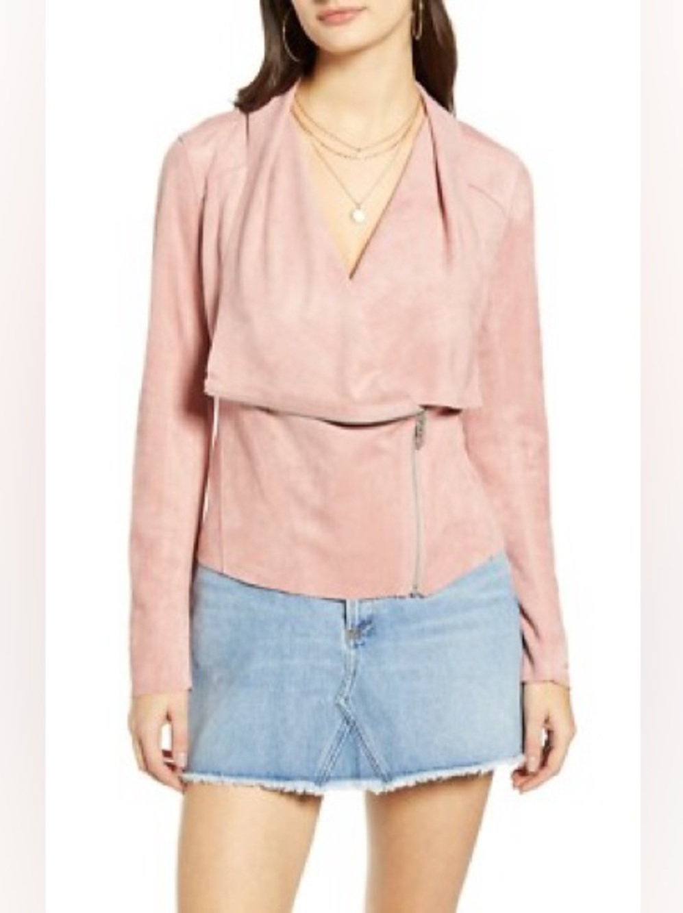 BLANK NYC Pink Faux Suede Drape Front Asymmetrical Moto Cowl Neck Jacket